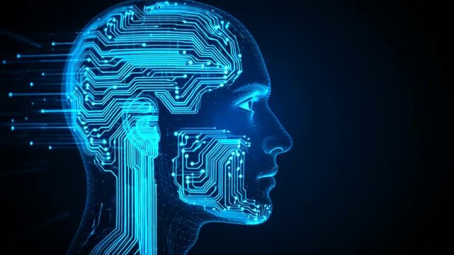 Futuristic human head with glowing blue circuits and digital brain technology