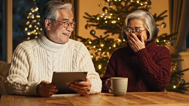 Senior couple shares tablet near Christmas tree with lights. Elderly man shows tablet to smiling woman. Holiday couple enjoys tablet together. Senior pair uses device during Christmas celebration.