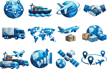 Global Economy Icons. Globalization Low-Poly Vector Icon Set, world economy, global routes, international connectivity. Low-poly