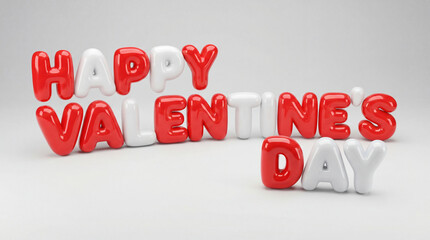 Happy valentine's day 3d balloon text, red and white glossy inflated typography, romantic love celebration background, cute plastic lettering for banner, holiday greeting concept.