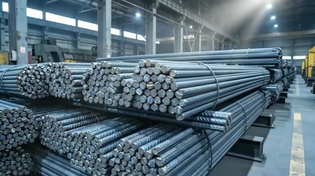 Steel rebar bundles rod stock industrial construction warehouse conveying strength and metallic