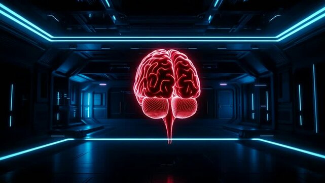 Neon brain in futuristic room with blue lights