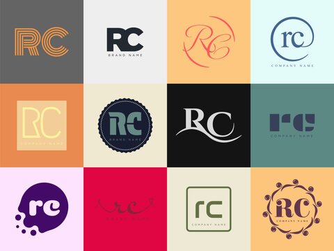 RC logo company template. Letter r and c logotype. Set different classic serif lettering and modern bold text with design elements. Initial font typography.