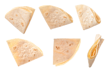 Folded wheat tortillas isolated, bakery product and mexican food concept for cooking and packaging design