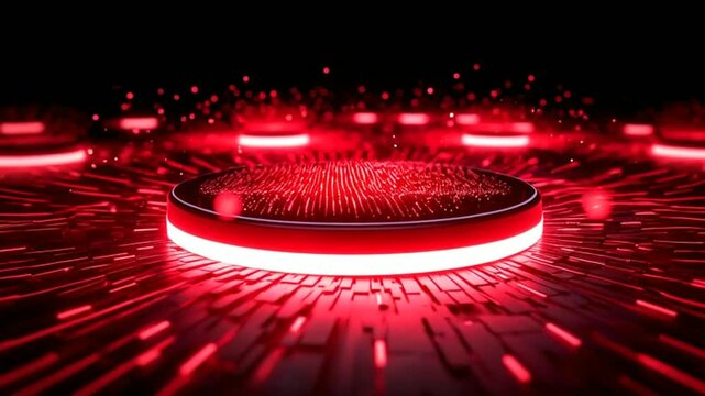 Futuristic red glowing platform with dynamic light beams in dark space