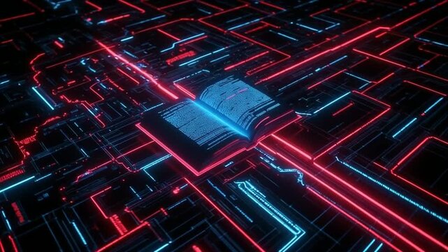 Glowing digital book on futuristic circuit board background with neon lights