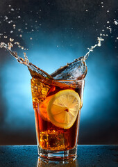 A tall glass filled with a dark, fizzy beverage, featuring a prominent lemon slice. 