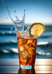 A glass of iced tea is captured with a splash, featuring three ice cubes and a lemon slice on the rim. 