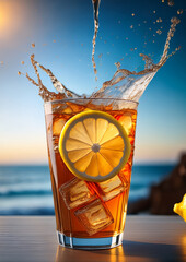 A glass of iced tea is captured with a splash, featuring three ice cubes and a lemon slice on the rim. 
