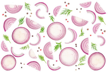 Seamless food pattern made of red onion slices, fresh dill and peppercorns isolated, top view...
