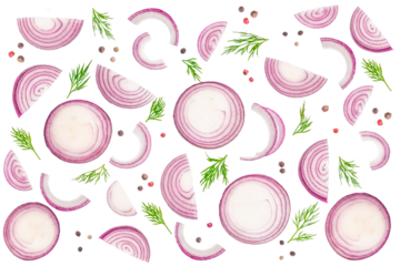 Seamless food pattern made of red onion slices, fresh dill and peppercorns isolated, top view culinary background for packaging, menu design, textile, wallpaper and