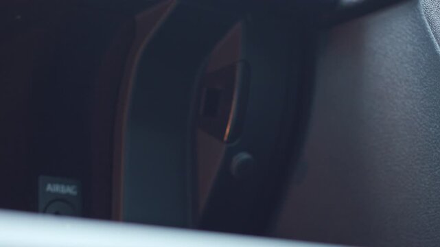 Car glove box opening inside cabin close up with latch click and soft thud sound