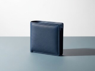 Obraz premium A classic blue leather wallet presented on a muted teal surface