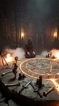 Hooded figure kneeling by ritual circle in candlelit stone chamber with goblets and eerie atmosphere