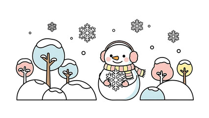 Snowman with scarf and earmuffs in winter landscape isolated on a transparent background