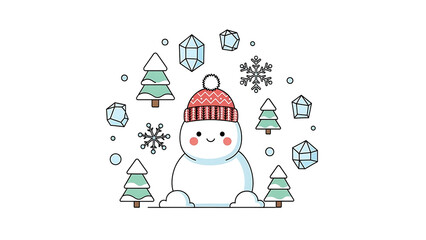 Snowman with hat and trees isolated on a transparent background