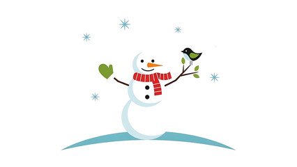 Snowman with bird on branch and green mitten isolated on a transparent background