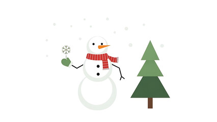 Snowman with scarf and tree isolated on a transparent background