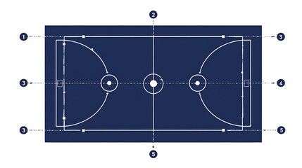 Minimalist basketball court blueprint with numbered labels and measurements on dark blue background with minimalist design and sports architecture