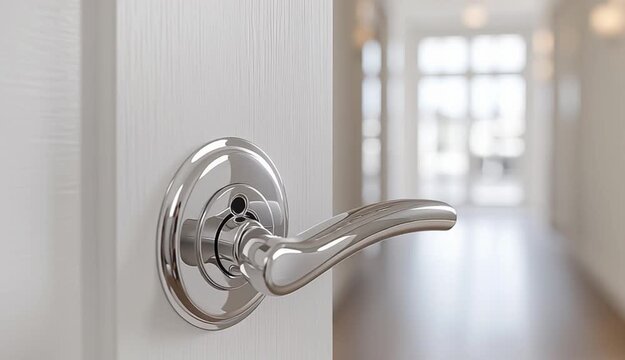 Close-up of a modern white interior door with brushed stainless steel door handle and lock mechanism, light oak or white washed wood grain texture