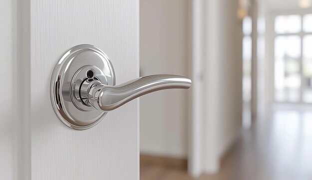 Close-up of a modern white interior door with brushed stainless steel door handle and lock mechanism, light oak or white washed wood grain texture