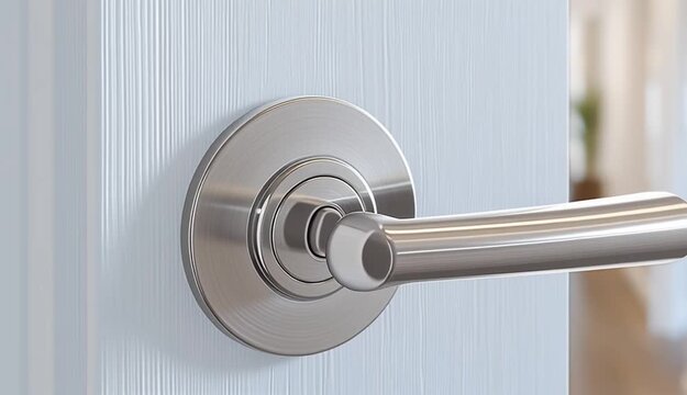 Close-up of a modern white interior door with brushed stainless steel door handle and lock mechanism, light oak or white washed wood grain texture