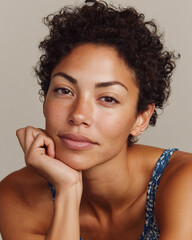 Charming mixed race woman portrait, clear moisturized skin