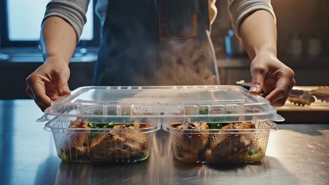 Person adds herbs to meal prep containers with chicken. Chef covers container with lid in kitchen. Meal prep with herbs and chicken ready. Person prepares meal in glass container on counter.
