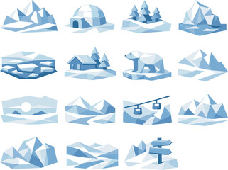 Low-Poly Winter Icons. Vast winter landscapes and open snowfields visualized as a cohesive low-poly vector icon set built from