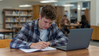 Young Student Studies and Takes Notes in a Library During Daytime