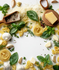 the photo from above of raw pasta , garlic , cheese , parsley and basil