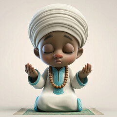 Cute Islamic Little Boy Praying on Prayer Mat 3D Character Illustration for T-Shirts and Nursery Art