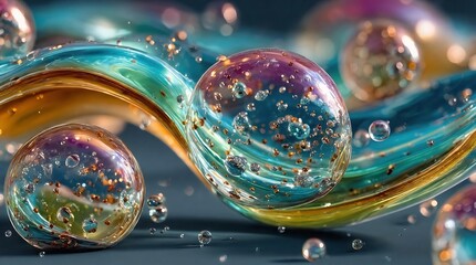 Abstract liquid wave with glowing multicolor spheres and bubbles, ideal for tech ads, luxury branding, or fantasy backgrounds