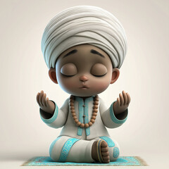 Cute Islamic Little Boy Praying on Prayer Mat 3D Character Illustration for T-Shirts and Nursery Art