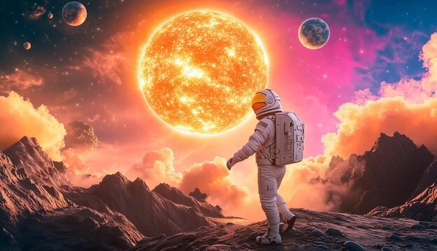 Astronaut in white spacesuit with backpack standing on an alien planet surface, dramatic cosmic landscape, massive glowing orange sun or planet dominating the sky with solar flares and corona