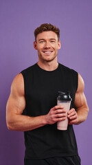 Fitness Man Holding Protein Shake on Purple Background