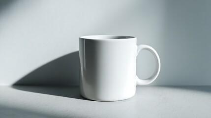 Obraz premium A blank white ceramic mug sits on a surface, illuminated by sunlight. Shadows frame it