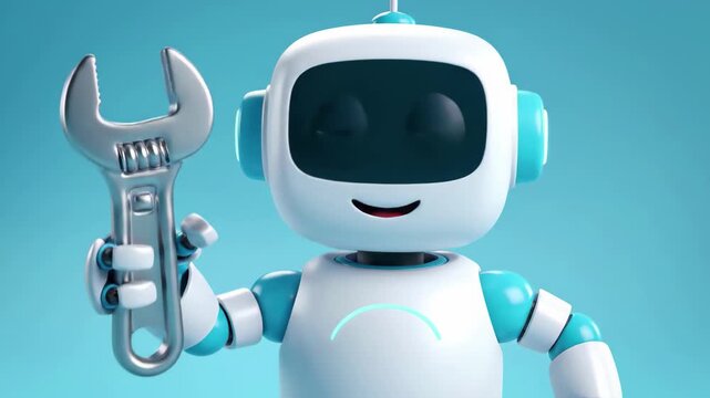 Cute white and blue robot holding an adjustable wrench against a bright blue background