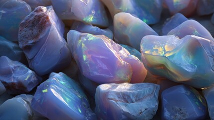 Macro shot of raw amber stones glowing in warm light
