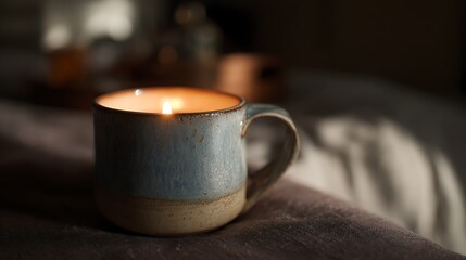 A candle burns softly inside a small ceramic mug, creating warm, cozy ambiance in dim light