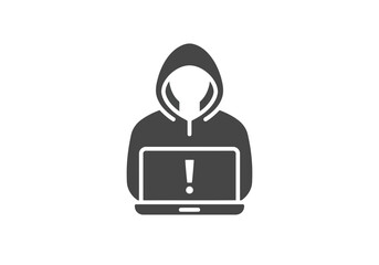 A stylish silhouette of hacker in hoodie with laptop showing alert icon cybersecurity threat concept dark web criminal activity glyph icon