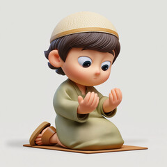 Cute 3D Cartoon Muslim Boy Praying on Rug, Islamic Character Illustration for Kids T-Shirts and Decor
