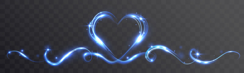 Glowing blue heart light trail with sparkling wave isolated on transparent background.
