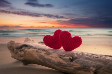 two red knitted hearts on a driftwood at sunset beach