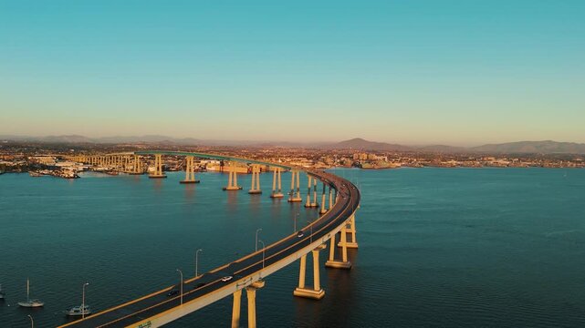 Coronado California Bridge at Sunset Golden Hour and the City of San Diego