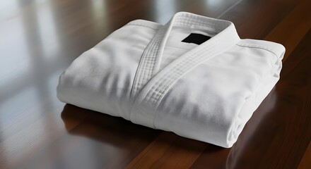 Folded white karate gi on wooden table for martial arts and sports branding