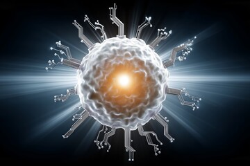 Glowing technological core with circuit connections symbolizing artificial intelligence energy processing and the fusion of science and advanced digital networks, Generative AI