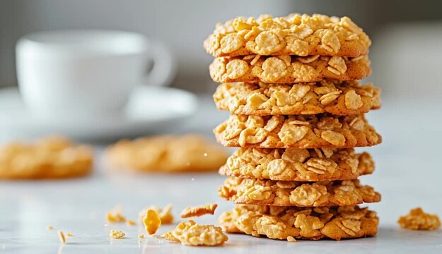 stack of golden cornflake cookies piled on a light gray marble surface, crunchy textured cookies with visible cereal pieces
