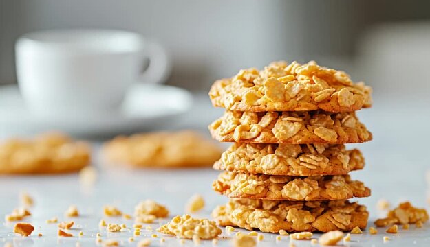stack of golden cornflake cookies piled on a light gray marble surface, crunchy textured cookies with visible cereal pieces
