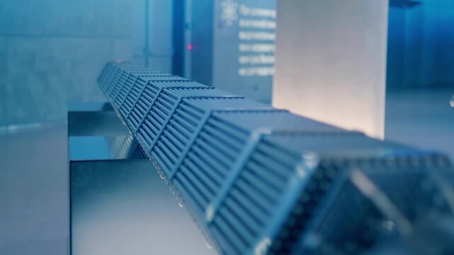 The complex structure of the nuclear reactor fuel assembly, which provides heating of the primary circuit water from the fuel elements in the nuclear power plant. Closeup. Shot in motion